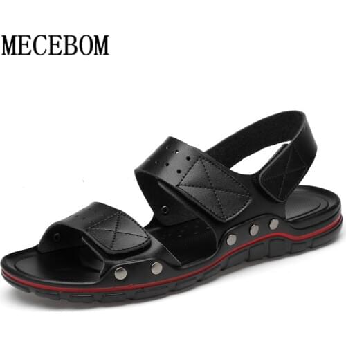 Mens Sandals Summer Comfortable Soft Leather Big Size 50 Convenient Velcro Men Summer Black Beach Shoes Mens Sandal Shoes