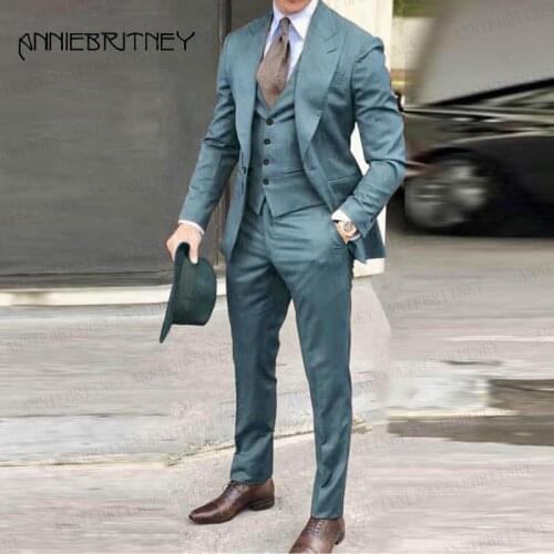 Sea Blue Suits For Men 3 Pieces Set Mens Party Prom Wedding Suits Groom Tuxedo Slim Fit Blazer Business Jacket Vest with Pants