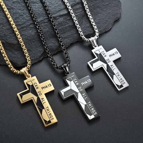 Christian Jesus Cross Philippians 4:13 Mens Necklace Crucifix Pendant Scripture Religious Necklaces for Men Male 24Inch