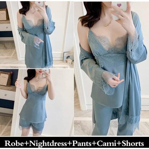 2020 New 5 piece set 2 piece set robe satin lace sexy ladies pajamas set