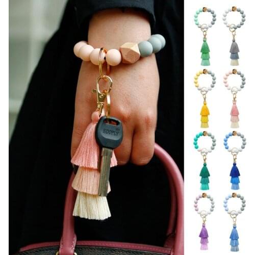 2021 New Keychain O Bracelet Silicone Beads Tassel Wristlet Key Ring Bangle Keyholder For Women Girls Jewelry Bracelet Keychain