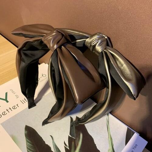 New PU Leather Bow Headbands for Women Autumn/Winter Hair Accessories Solid Bow Hairband Wide Adults Headwear Wide Head Hoop