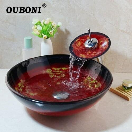 OUBONI Red Hand Painting Tempered Glass Vessel Sink Countertop Bowl Waterfall Basin Faucet Set W/ Pop Drain & Basin Mixer Tap