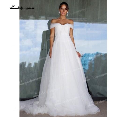 A-Line/Princess Tulle Wedding Dresses Sleeveless Off-the-Shoulder V-Neck Ruched Simple Sweep/Brush Train Open Back Bride Gowns