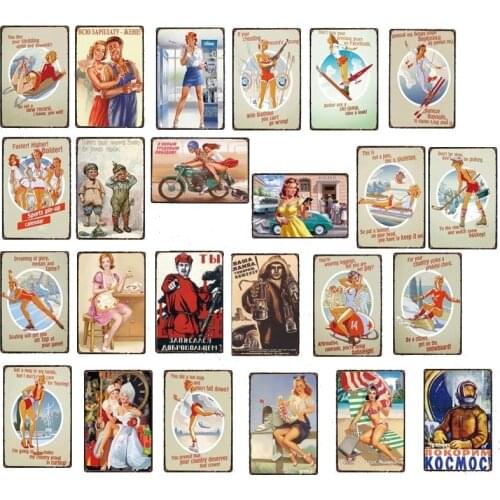 Pin Up Girls Poster Sexy Lady Sports Fitness Tin Sign Retro Metal Iron Painting Decorative Plaque Bar Pub Gym Man Cave Stickers