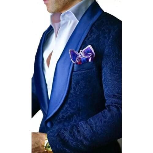 Custom Made One Button Blue Paisley Groom Tuxedos Shawl Lapel Groomsmen Mens Wedding Suits Blazers (Jacket+Pants+Tie) W:522