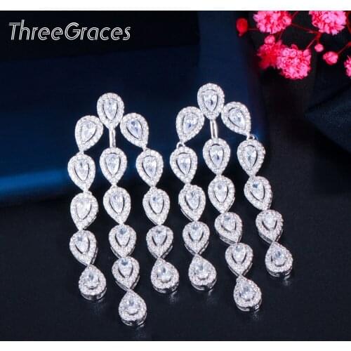 ThreeGraces Luxury Cubic Zirconia Bridal Wedding Long Waterdrop Dangle Tassel Earrings for Brides 925 Silver Post Jewelry ER592