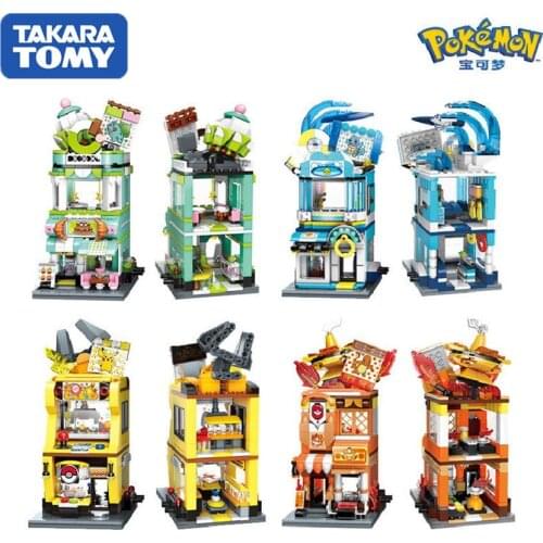 TOMY Pokemon Cute Anime Cartoon Pikachu Bulbasaur Squirtle Charmander Street DIY Building Block Assembly Model Sets Gift Toys