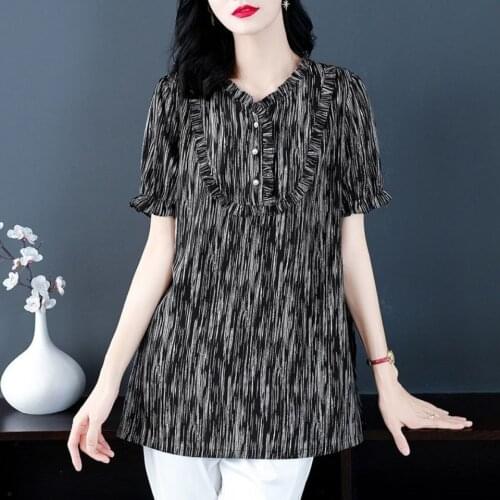 Women Summer Short Sleeve Chiffon Blouse Fashion Shirt Black Stripe V-Neck Loose Large Size Tops BlousesMM0178