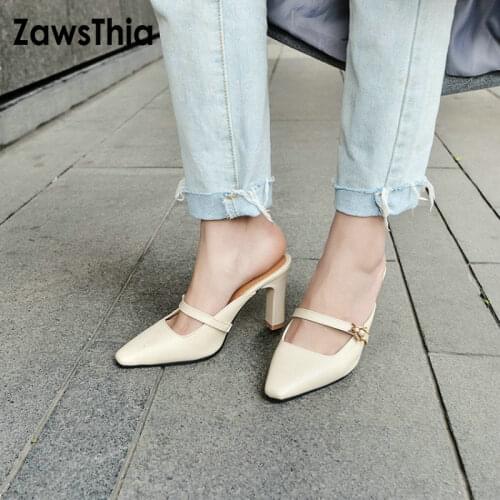 ZawsThia 2020 summer PU leather yellow beige ladies thin high heels slides slippers slip on woman mules sandals size 43 44 45 46