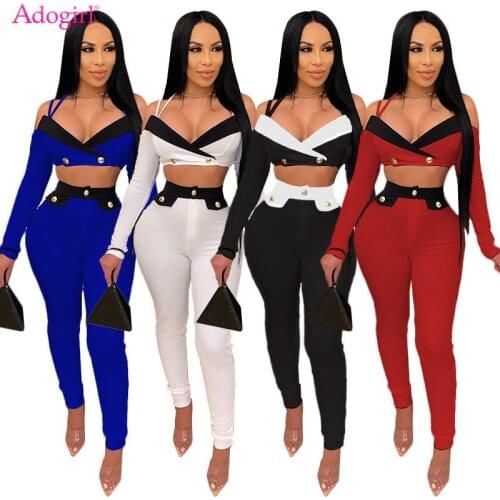 Adogirl Plus Size S-4XL Women Color Patchwork Two Piece Set Sexy Spaghetti Straps Off Shoulder Long Sleeve Crop Top Pencil Pants