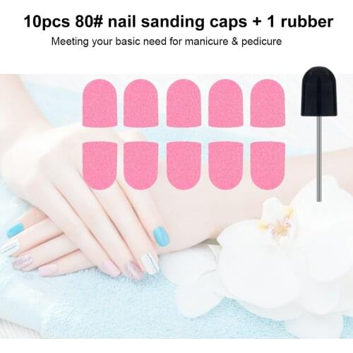 10pcs 80# Nail Sanding Caps Nail Sand Ring Pedicure & Manicure Nail Tool Nail Drill Bits with 1pcs Rubber