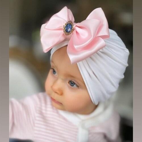 2021 Baby Diamond Big Bow Hooded Cap Breathable Solid Color Toddler Hat Shining Kids Girl Turbans Child Head Accessories