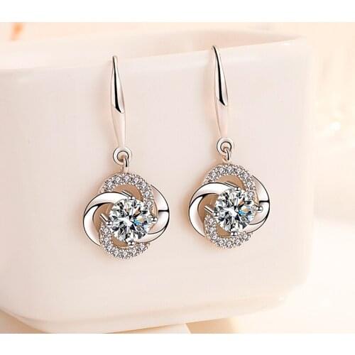 New Fashion Flower Dangle Earrings for Women Female Korean Simple White Purple Cubic Zirconia Earring Jewelry Pendientes Brincos