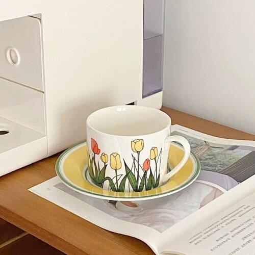 Cutelife Nordic Flower Ceramic Coffee Cup Saucer Breakfast Drinking Milk Latte Tea Cup Vintage Home Decorative Reusable Cup Set