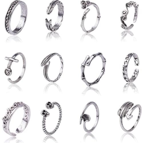 12pcs Punk Retro Adjustable Open Ring Set Feather Leaf Personality Knuckle Finger Fashion Jewelry Alloy Rings for Women Men Gift