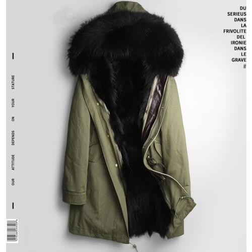 Real Winter Fur Coat Men Clothes Streetwear Thick Warm Raccoon Fur Liner Long Jacket Hooded Fashions Casaco PKF2222