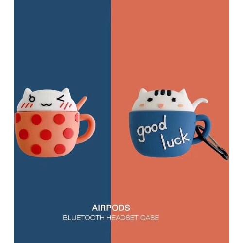 Fashion Cartoon 3D Lucky Cat Keychain Cute Mug Cat Silicone Case For Apple Airpods Wireless Earphone Cover Cup with Hook Keyring