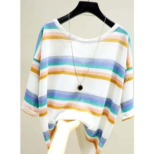 Fashion O collar Halter cross sweater bottoming shirt womens Loose stripe thin pullover 2021 summer Short sleeve