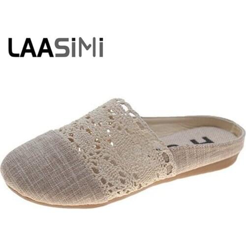 LAASIMI Summer Women Wrap Toe Mules Flat With Outside Slippers for Ladies Fashion Hemp Shoes Woman Elegant Breathable Footwear