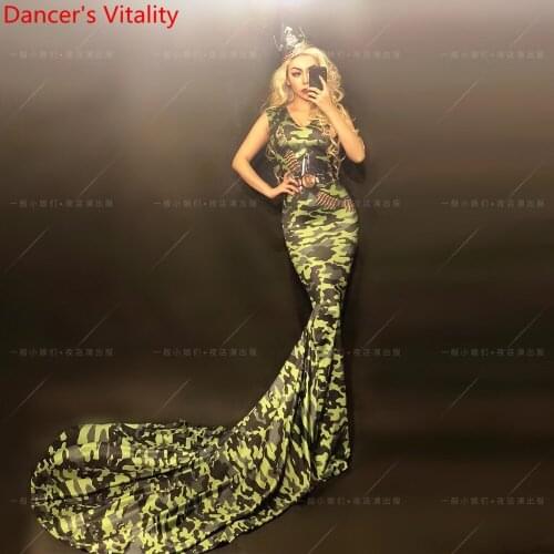 Bar Fashion Slim Fit Sleeveless Camouflage Mullet Long Dress Female Singer DJ Women Pole Jazz Performance Costume Clothes Outfit