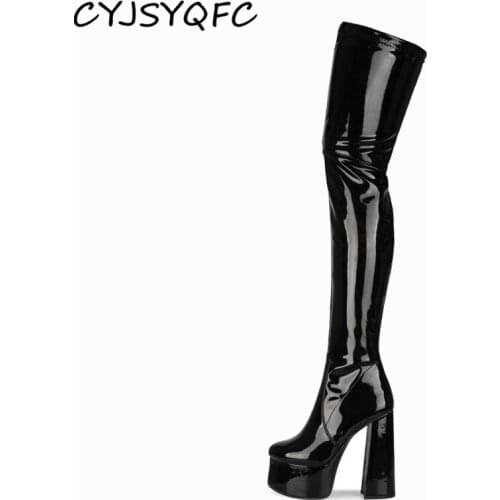 CYJSYQFC Women Over The Knee Boots Sexy Patent Leather High Platform Long Boots Elegant Solid Color Thick Bottom Ladies Booties