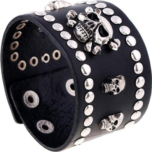 Punk Gothic Skull Black Wide Genuine Leather Cuff Bracelet Skeleton Charms Wristbands Rock Bangle Wrap Biker Men Fashion Jewelry