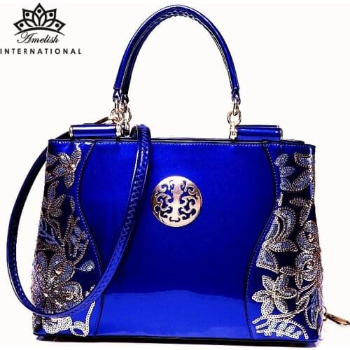 AMELISH Large Capacity Womens Bag Fashion Patent Leather Female Shoulder Bags for Office Lady Party Embroidery Handbags