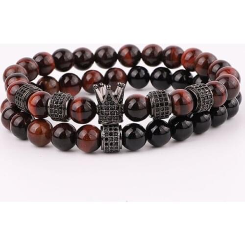 High Quality Natural Red Tiger Eye Onyx Stone Beads Cubic Zircon Charm Elastic Beads Bracelet Set Jewelry Men