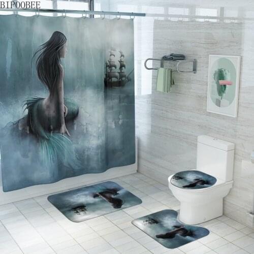 Mermaid Shower Curtain Ocean Pirate Ship Toilet Lid Cover Anti-skid Carpet Bath Mats Rugs Mildew Proof Durable Bathroom Curtains
