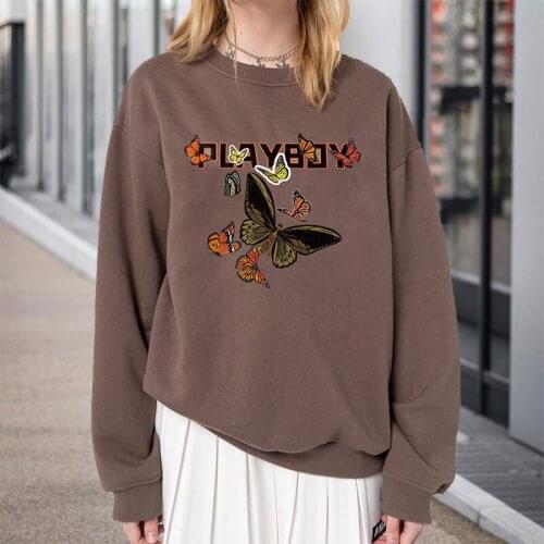 Woman Crewneck Oversize Sweatshirt 2021 Butterfly Printed Pullove Streetwear Female Hoodies Autumn Casual Long Sleeve Loose Tops