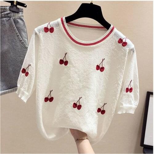 2021 summer new embroidered cherry bright silk ice silk knitted short sleeve T-shirt womens loose round neck top