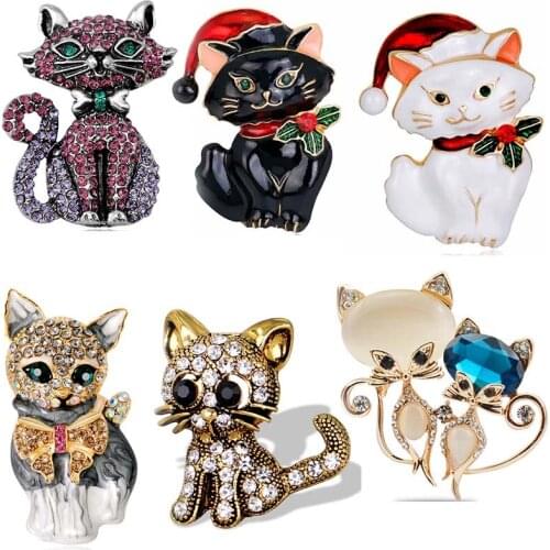 Women Retro Colorful enamel Crystal Rhinestone Cute Animal Gold Cat Brooch Pins Jewelry