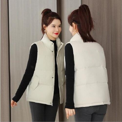 Autumn Winter Womens Solid Loose Vest Stand Collar Short Vest Jacket Cotton Padded Womens Windproof Warm Waistcoat