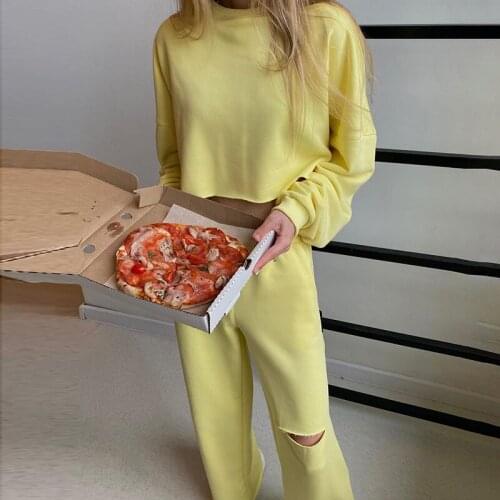 Women Wide Leg Pants Tracksuit Sweatshirt Set Solid Long Sleeve Crop Top And Hole Loose Trousers Female Suit Casual Outfits 2021