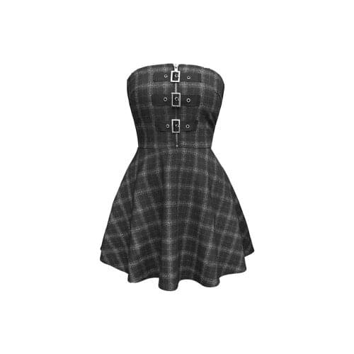 Ruibbit New Autumn Winter Women gray Plaid Pleated Dress Backless Rock Punk Dress Gothic Girls Female Short Dresses