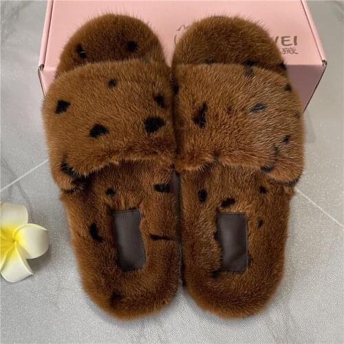 Winter Women House Mink Fur Slippers Fashion Warm Sandals Slip Flats Female Shoes Black Pink Cozy Size 5-12 Wholesale