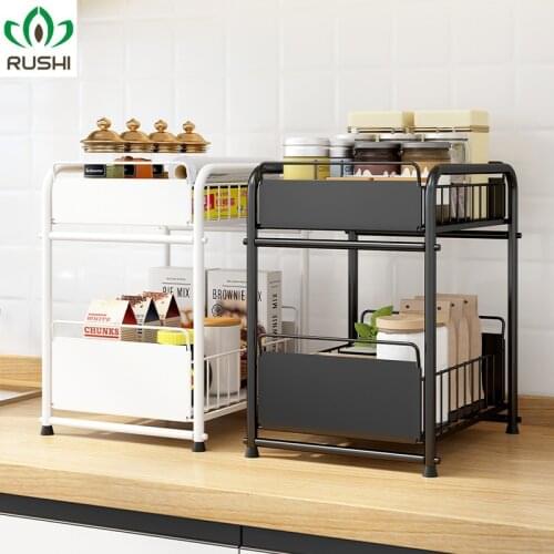 2-Tier Under Sink Cabinet Organizer with Sliding Storage Drawer Desktop Organizer for Kitchen Bathroom Countertop Rack Supplies