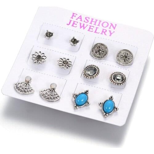 6Pairs/set Vintage Silver Color Flower Metal Shape Earrings Set For Women Piercing Geometric Carved Stud Earring Ear Cuff
