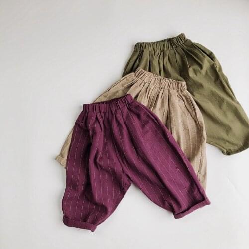 7138 Childrens Striped Radish Pants 2021 Spring And Autumn New Loose Cotton Linen Pants Baby Boys Girls Pant Casual Clothes