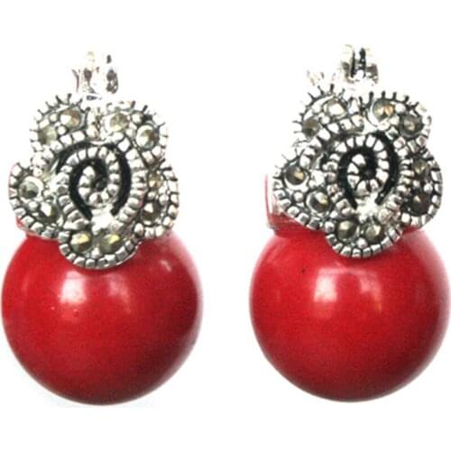 Free Shipping Ladys 12mm Red Coral Bead Flower Marcasite & 925 Silver Earrings 5.29