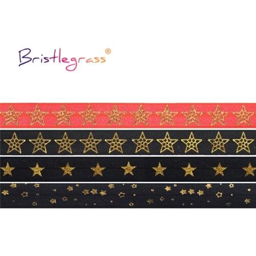BRISTLEGRASS Combo 4 Yard 5/8" 15mm Gold Star Foil Print Fold Over Elastics FOE Spandex Bands Tape Hair Tie Headband Sewing Trim