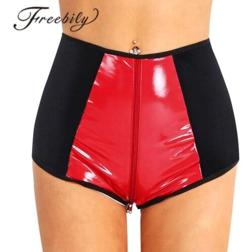 Black & Red Women Sexy Hot Wetlook Faux Leather High Waist Zipper Crotch Underwear For Dancing Raves Festivals Club Costumes