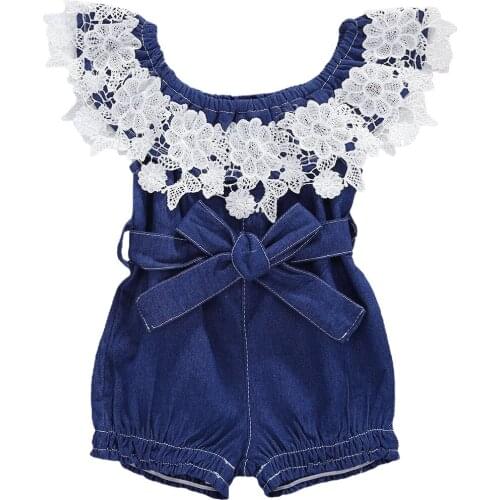 0-18M Summer Clothing Baby Girl Denim Romper Front Bowknot Lace Flower Ruffle Jumpsuit Outfits Set