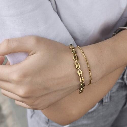 Double Layered Bracelet for Women Gold Color Stainless Steel Chain Bracelets Coffee Beans Box Link Chain Jewelry Gifts LDB310