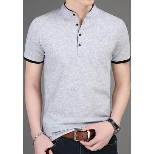 Man Pure Cotton Buttons T Shirts Summer Fashion Stand Collar T-Shirt Male Plain Slim Fit Tee Tops Short Sleeved