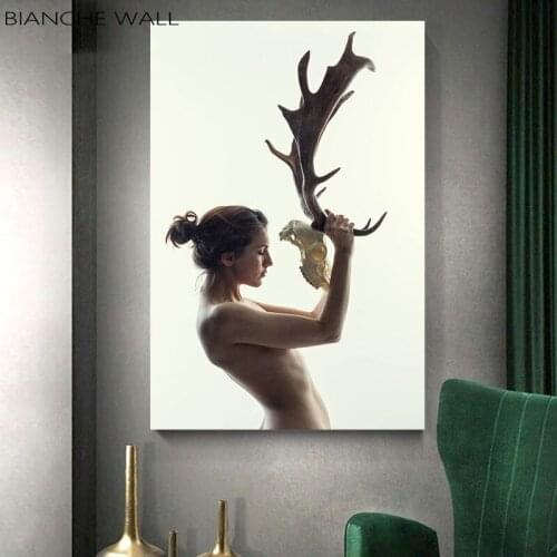 Naked Woman and Deer Bone Mask Abstract Wall Art Picture Canvas Poster Nordic Wall Art Print Painting Living Room Decoration