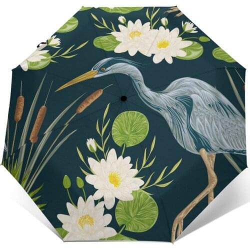 Heron Bird, Water Lily And Bulrush Vintage Windproof Automatic Folding Inverted Umbrella Portable Paraguas for Man Woman