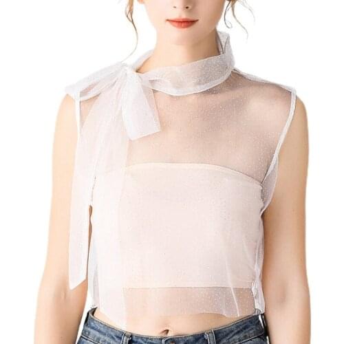 Korean Style Women Bow Tie Neck Faux Collar See Through Mesh Sequin Dot Detachable Half Shirt Blouse Decorative Dickey