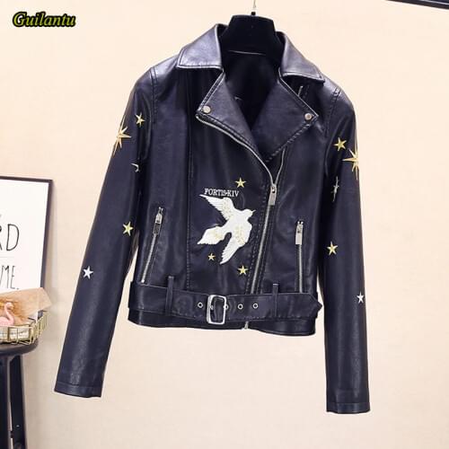 Guilantu Women Faux Leather Motorcycle Coat Women Turn-down Collar Zipper Embroidery Harajuku Streetwear Jacket Outwear Female